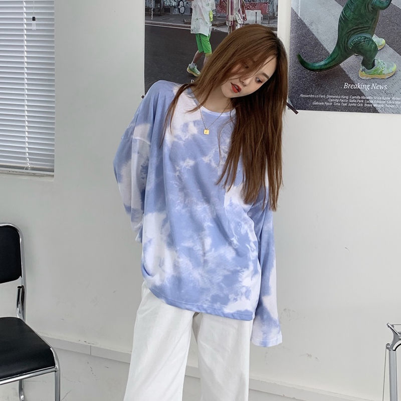 Long sleeve T-shirt women's autumn new Korean loose net red college BF tie dye T-shirt