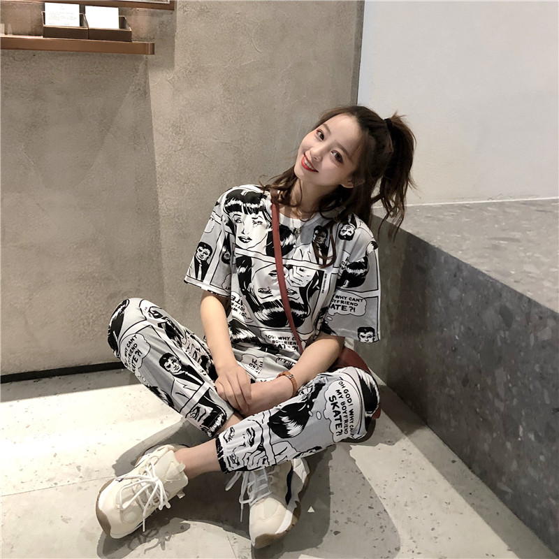 Real photo: Hong Kong Style Vintage cartoon personality T-shirt and sweatpants two piece suit factory direct sale
