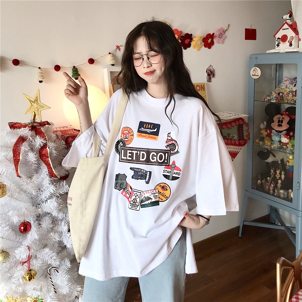 Picture 6 535 cotton 2019 new Korean version of summer personality print in long and short sleeve T-shirt woman
