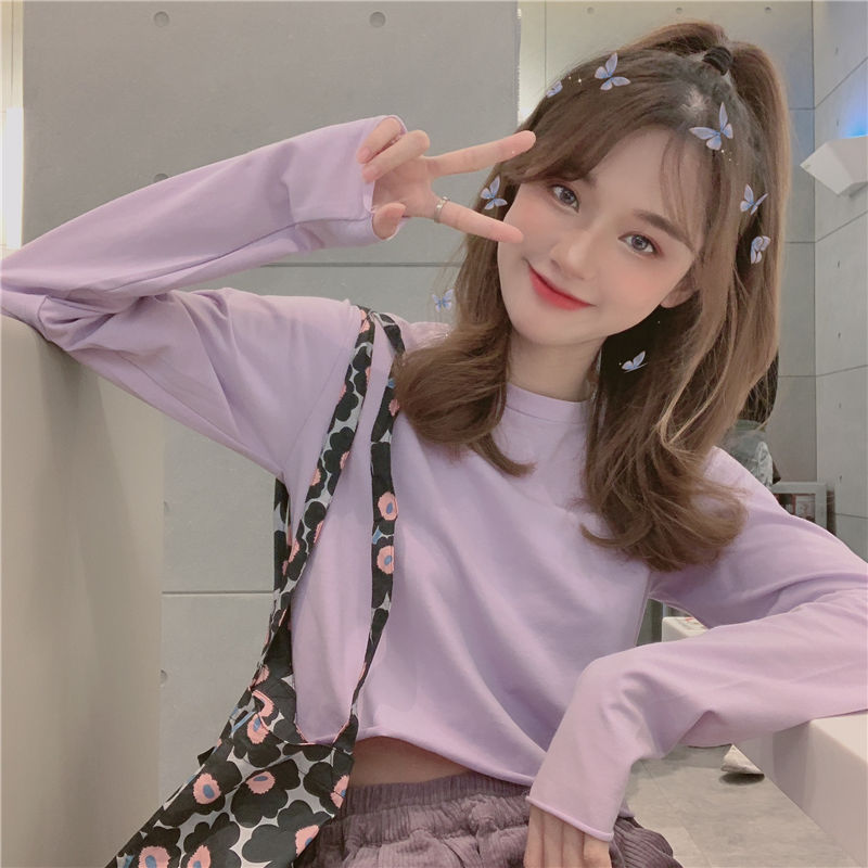 New Korean version net red loose and thin short T-shirt fashionable western style long sleeve sunscreen umbilical top