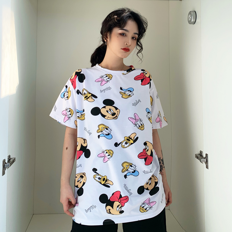 Real price super hot CEC Mickey Mouse cartoon top women's 2021 summer big edition long student college style T-shirt