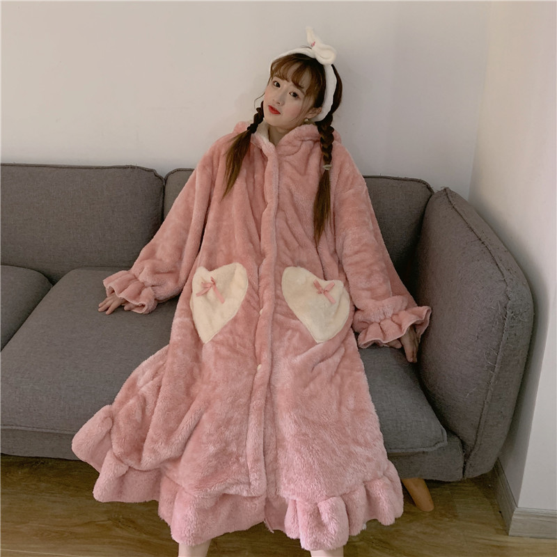 Real price thick coralline velvet loose sweet and lovely lazy rabbit ear gown