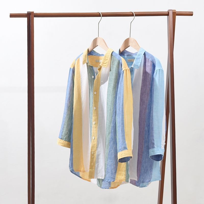 Summer Japanese striped shirt men's trendy 3 / 4 sleeve loose thin style versatile Chinese sleeve Korean style half sleeve shirt
