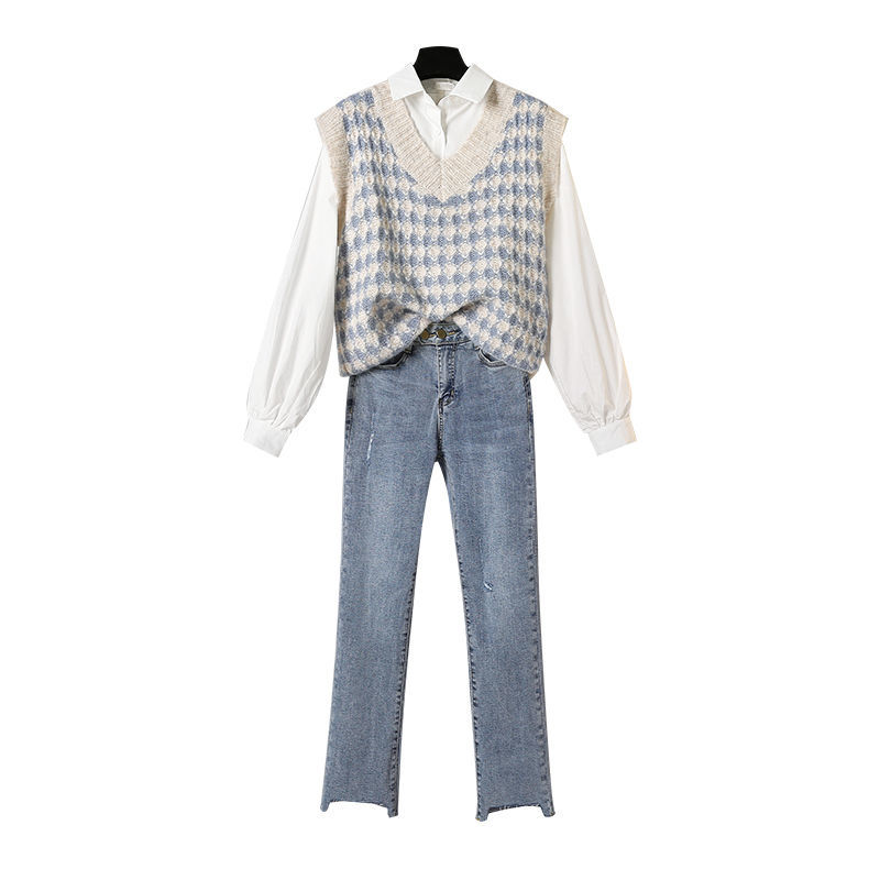 Single / large women's wear 200kg fat sister spring suit women's knitted waistcoat cover belly show thin jeans three piece set