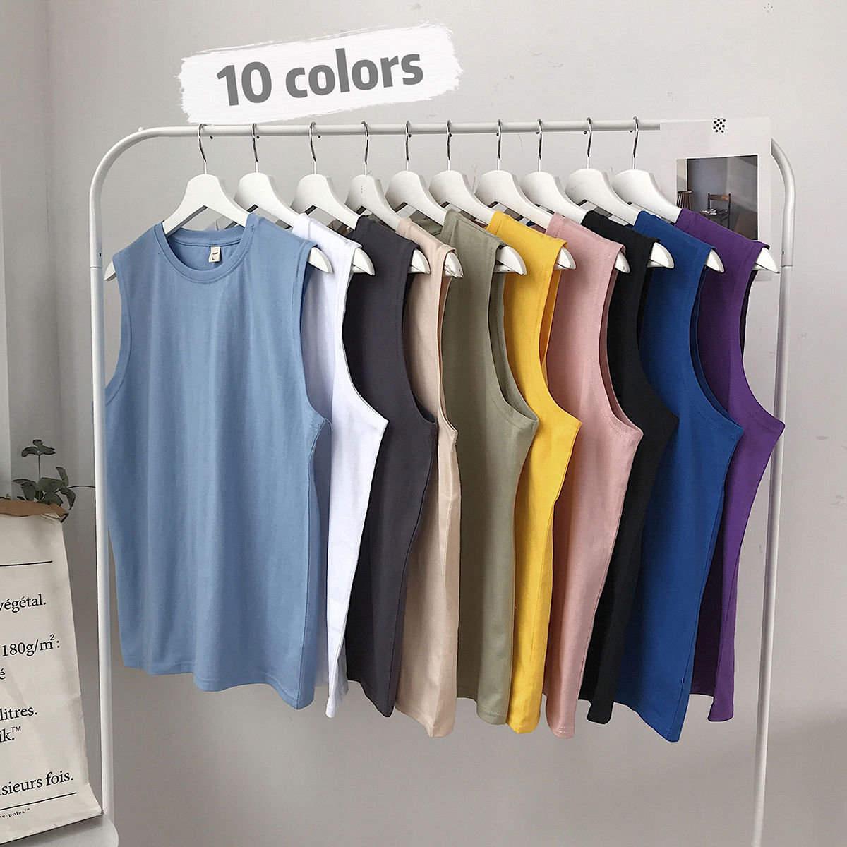 [100% cotton] Hong Kong style summer loose solid color sleeveless T-shirt men's sports fitness cantilevered fashion brand vest