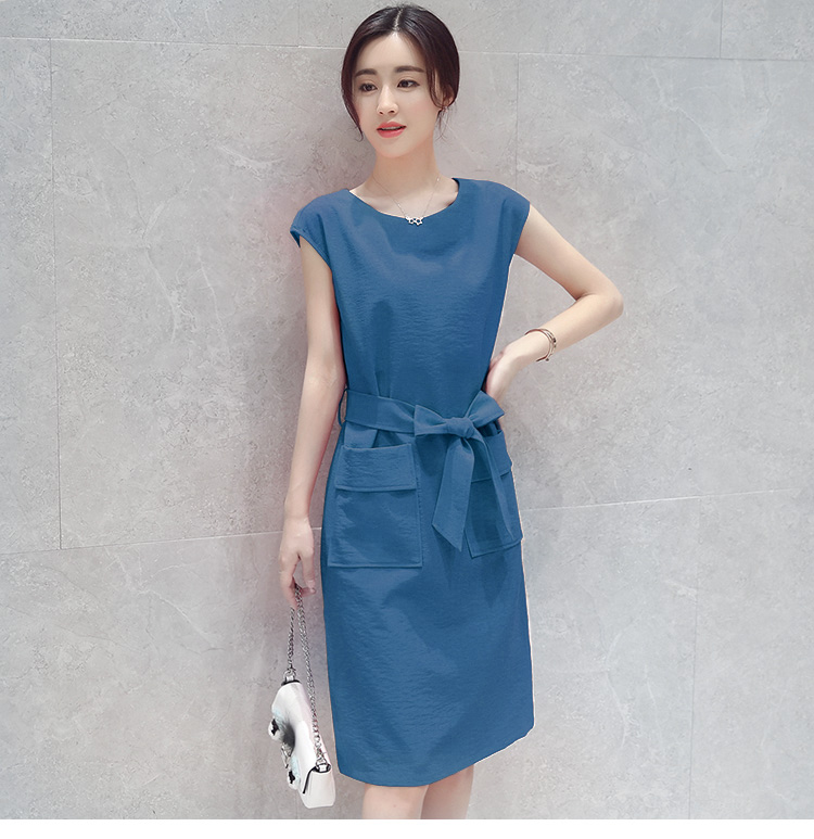 Summer new women's Korean slim slim mid length cotton linen breathable dress