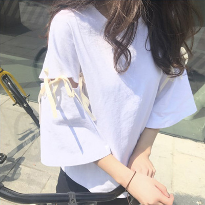 Korean new loose women's student's solid color clothes women's hollow out half sleeve T-shirt fashion