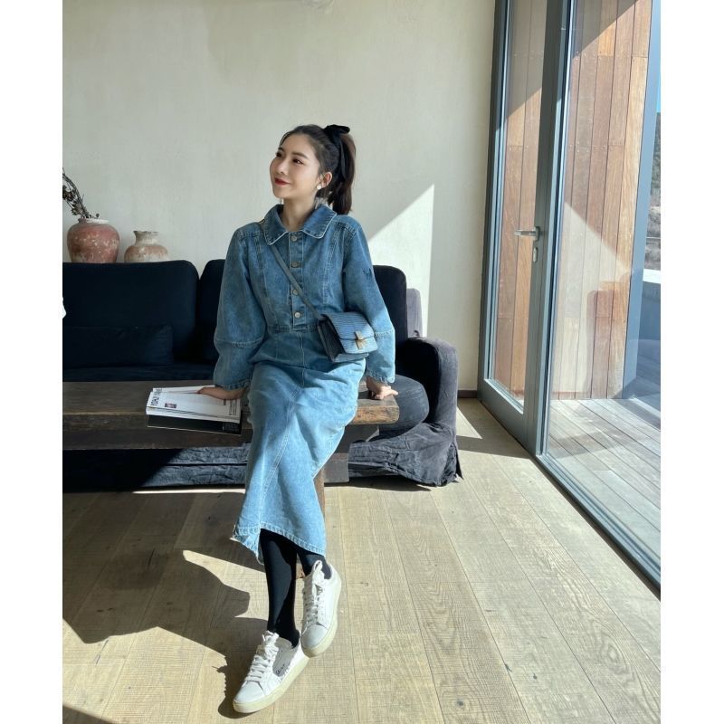 Hong Kong style retro three dimensional denim dress women's autumn and winter lazy style doll collar high waist versatile casual long skirt