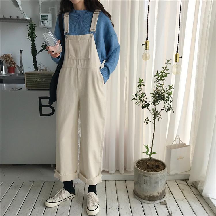 Age reducing Mori women's Denim strap pants women's autumn Korean version versatile high waist slim straight leg one-piece Capris fashion