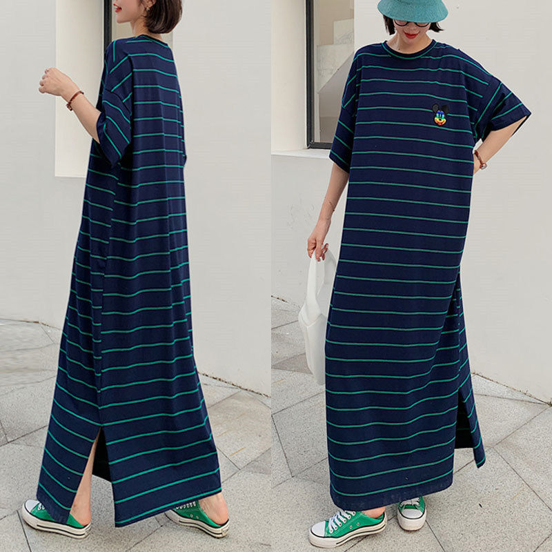 Summer Korean super long loose size over knee striped T-shirt dress with floor dragging and ankle split skirt