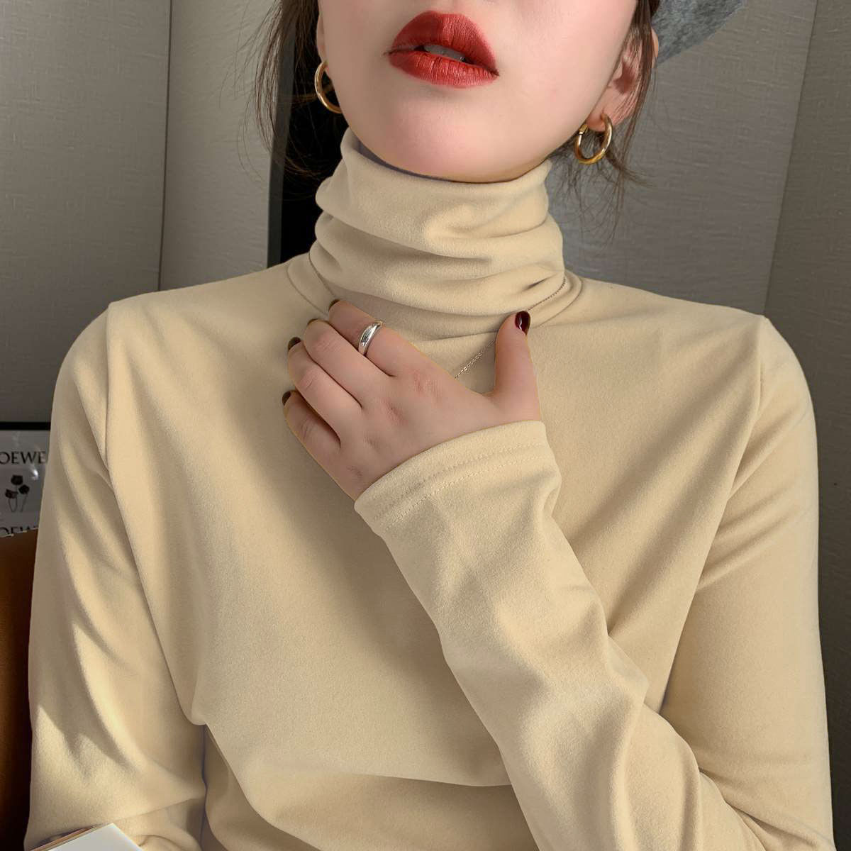 Double sided denim self heating high collar base coat women's autumn and winter pile neck long sleeve T-shirt with new foreign style top