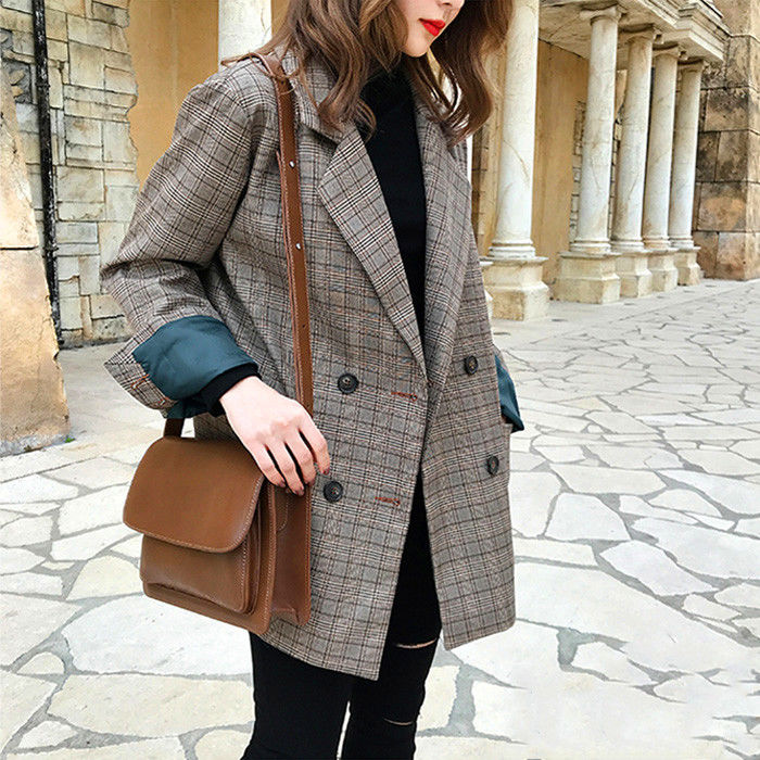 Chic Blazer women's spring and Autumn New Korean version loose and thin, versatile retro Plaid Plaid suit