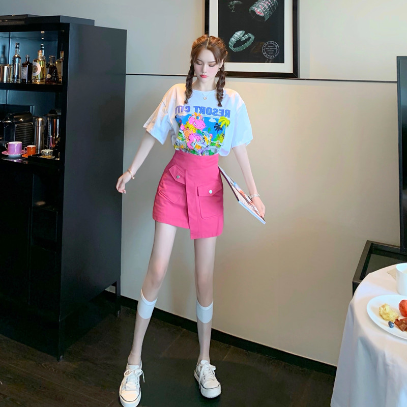 Real shot, real price, teenage girl's feeling full of cartoon dinosaur T-shirt short sleeve + pink high waist slim A-line short skirt