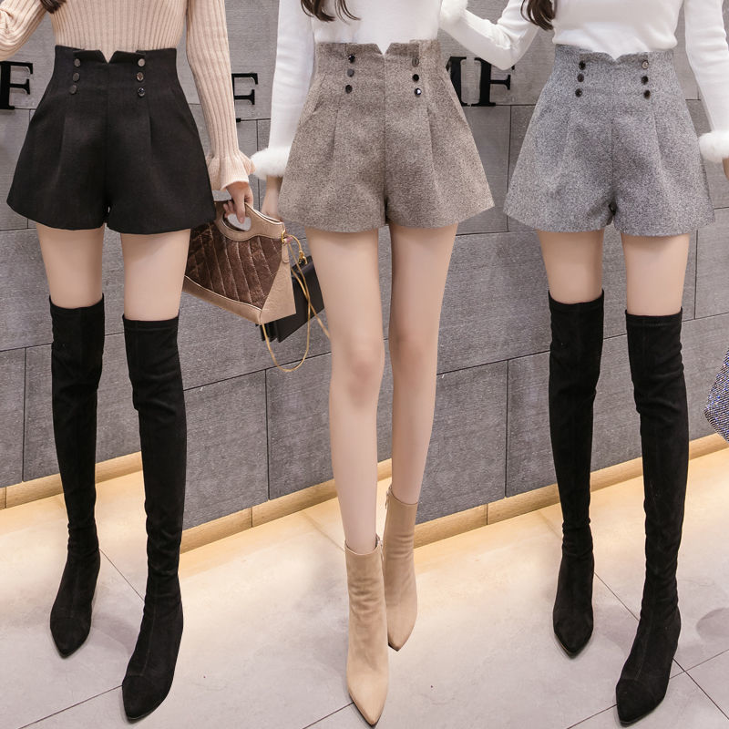 Woollen shorts women's autumn 2020 new Korean version versatile high waisted slim wide leg pants with extra thick bottoming boots