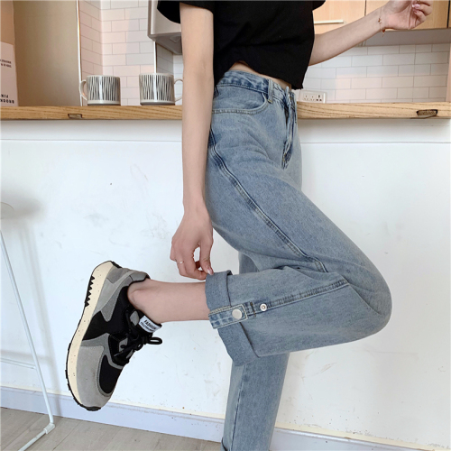 Real photo Korean jeans women's high waist show thin drape loose straight tube Korean floor Wide Leg Jeans