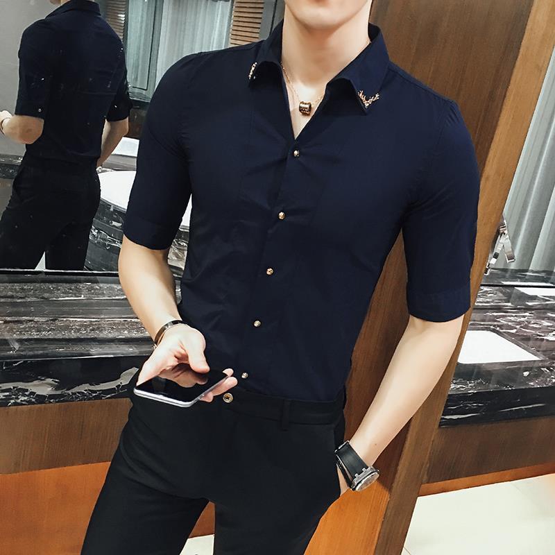 Summer casual hairdresser's shirt Korean slim fit 7 / 4 sleeve middle sleeve 7 / 4 shirt