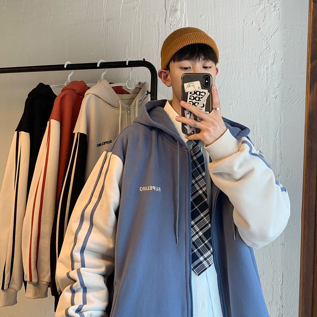 Ins autumn and Winter Hong Kong Style Hooded Sweater men's Korean loose trend student couple's wear Plush zipper coat men's wear