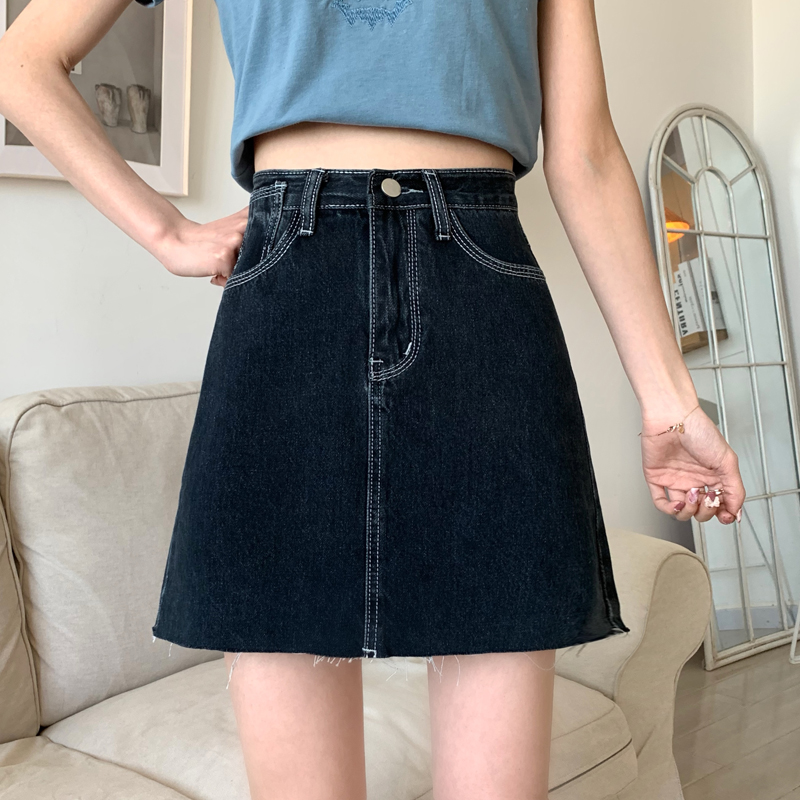 Real price retro dark blue A-line skirt, short skirt with rough edge, high waist and bright line skirt