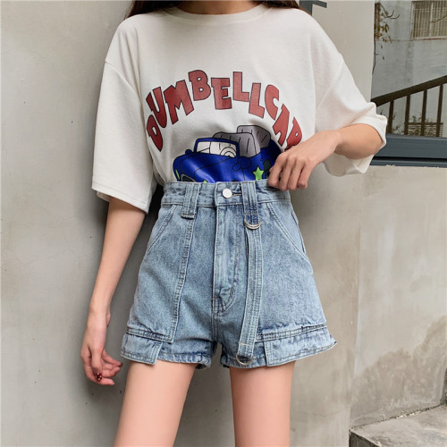 Real shot real price high waist denim shorts women's trendy new big pocket wide leg skinny hot pants jeans