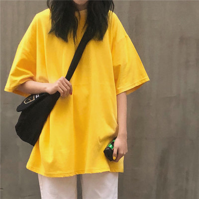 Ins super fire solid color short sleeve T-shirt women's summer wear Korean version Chaogang style Yuansu students' loose and versatile half sleeve upper garment