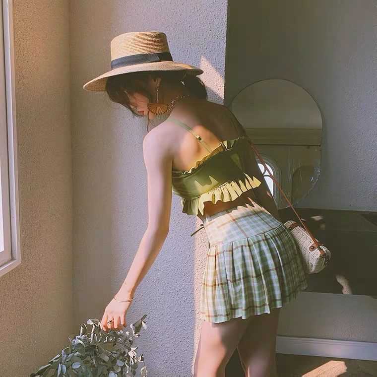 South Korea ins cute little fresh Plaid split skirt high waist bikini small chest cover belly show thin student swimsuit
