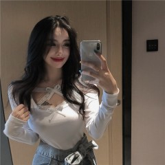 Real price real auction bowknot lace cross ribbon knitted bottomed top slim top female