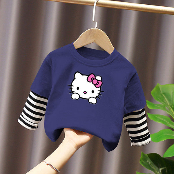 Girls' long sleeve pure cotton T-shirt spring and autumn base coat new baby middle school boys' sweater fake two pieces of foreign style top