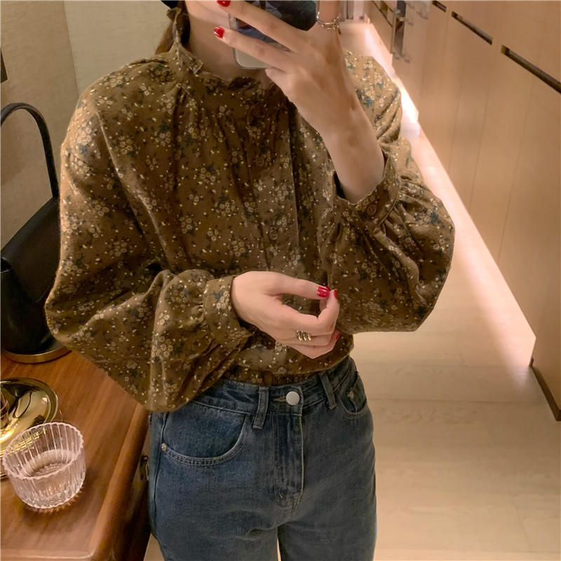 Real shot and real price Korean version small floral frosted vertical collar loose and versatile long sleeve shirt 2 colors