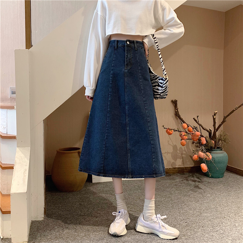 Real shot new Korean versatile thin A-line skirt medium length washed denim skirt women's high waist