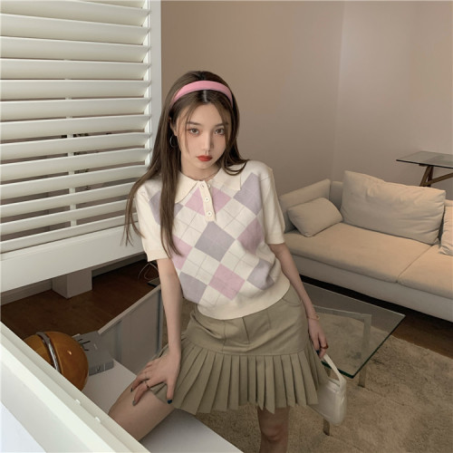 Real shot! Real price! Diamond Plaid Lapel short Knitted Top