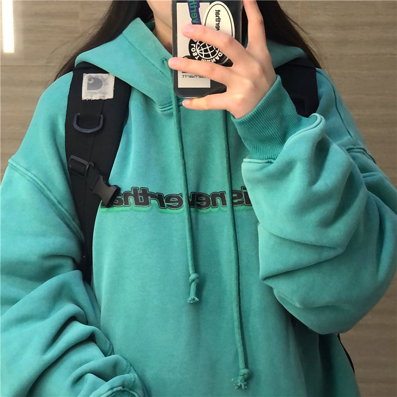 Yuansuo style retro Hoodie women's Plush thickened autumn winter Korean version ins lake green loose BF top fashion