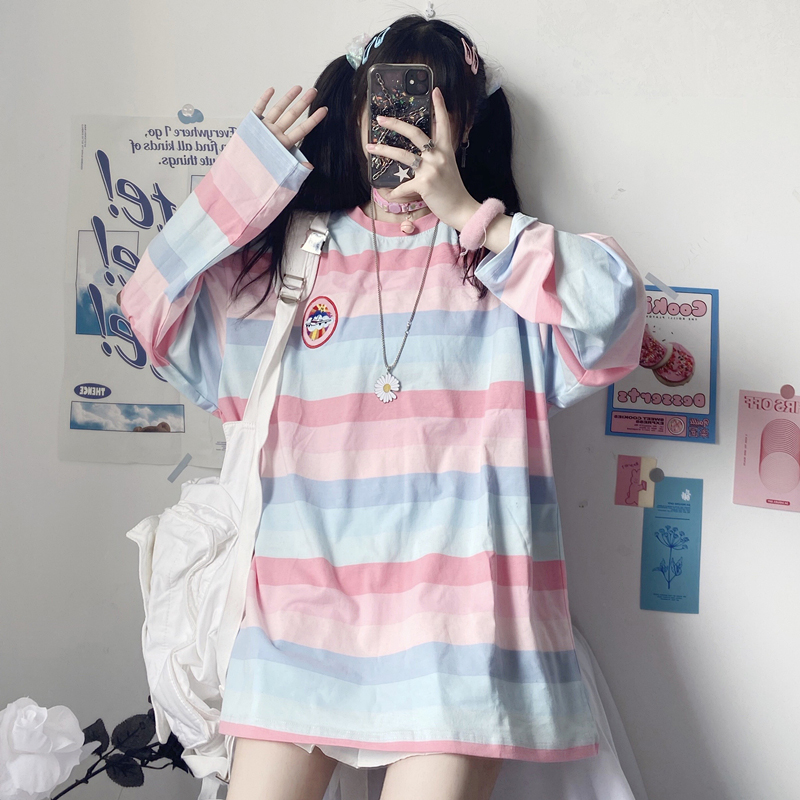 Autumn 2020 Long Sleeve T-Shirt Top dress Korean stripe loose bottomed shirt women's wear