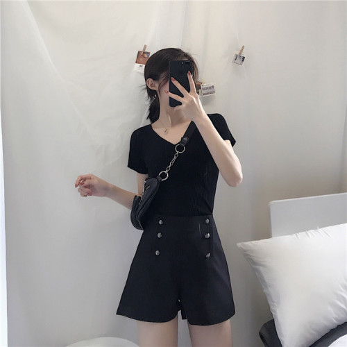 Real-price fashionable double-breasted high-waist casual pants women's shorts loose and slim A-shaped broad-legged pants