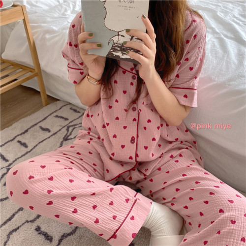 Real price Korean version cotton yarn ins love short sleeve trousers pajamas suit
