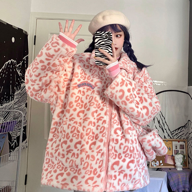 Winter Korean 2020 new loose medium long style Plush thickened leopard wool imitation lamb wool loose long sleeve coat for women