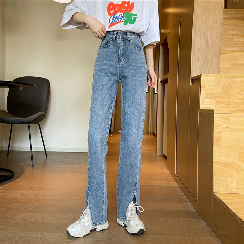 Real shot spring and summer split jeans women's versatile high waist slim wide leg pants straight tube floor pants