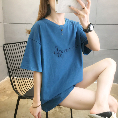 Real shot cotton new large women's fat Summer Short Sleeve T-Shirt embroidered top