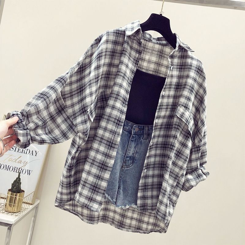Plaid Shirt women's summer new Han Fan loose fit super fire sunscreen coat autumn top cardigan coat thin
