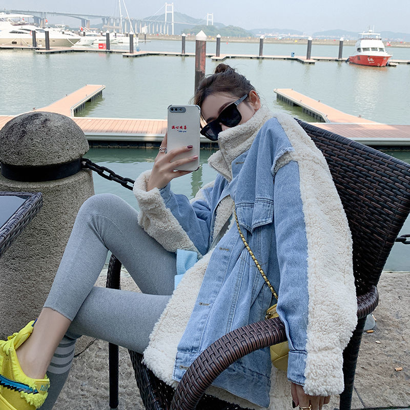 Fried Street denim splicing lamb wool coat for women's new autumn and winter 2020