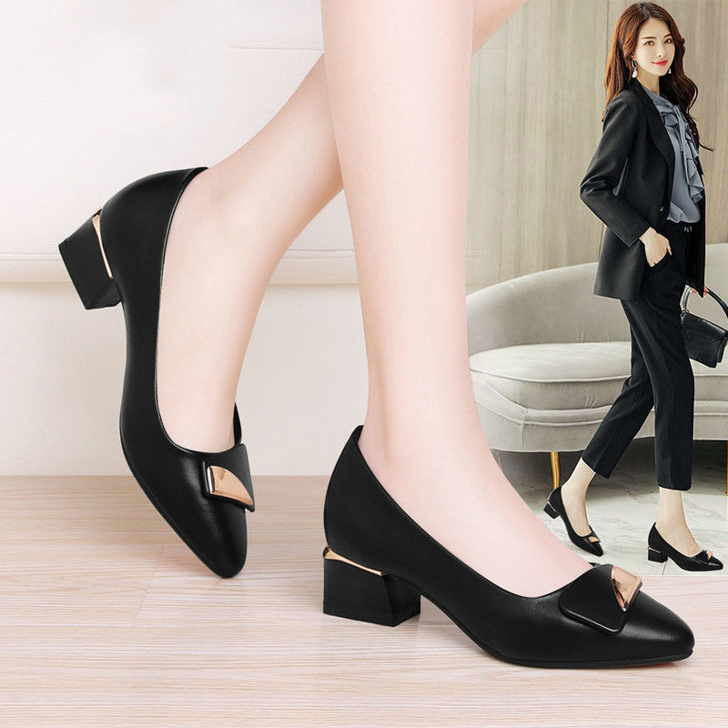 Single shoes women's thick heel, medium heel and shallow mouth spring and autumn new leisure Women's shoes, high heels and small black leather shoes
