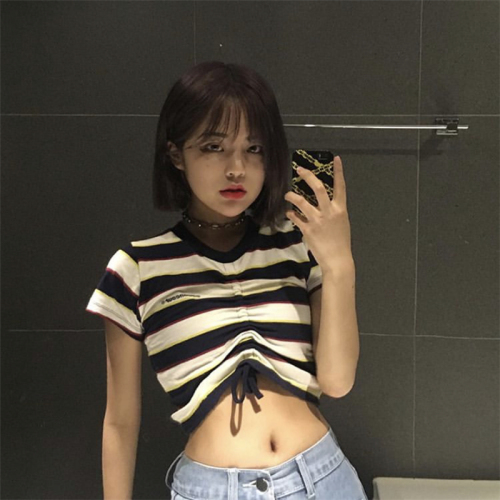 Korean odd stripe girl casual retro drawstring short T-shirt tight short sleeve top