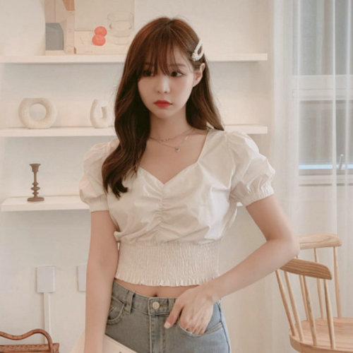 Pleated elastic waist short shirt women's Korean French small solid waist top bubble sleeve V-neck 2020