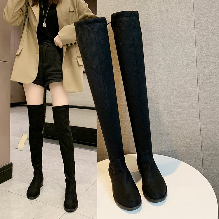 Long boots women's knee boots new high tube flat bottom thin long boots elastic boots Plush boots in autumn and winter