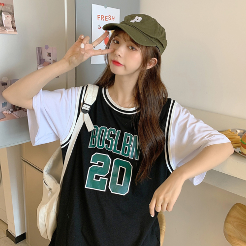 2021 real shot summer basketball suit women's loose BF style long short sleeve T-shirt fake two-piece top