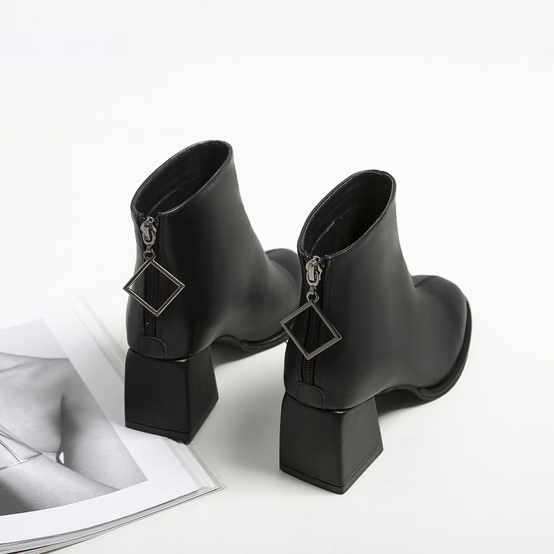 Soft leather boots women's Mid Heel thick heel fashion Martin boots new versatile Large Plush women's cotton shoes women's winter