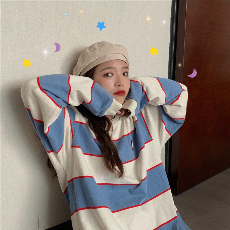 Xiao Zhan's same striped long sleeve T-shirt for female students Korean version loose 2020 spring and autumn new lovers' bottom coat