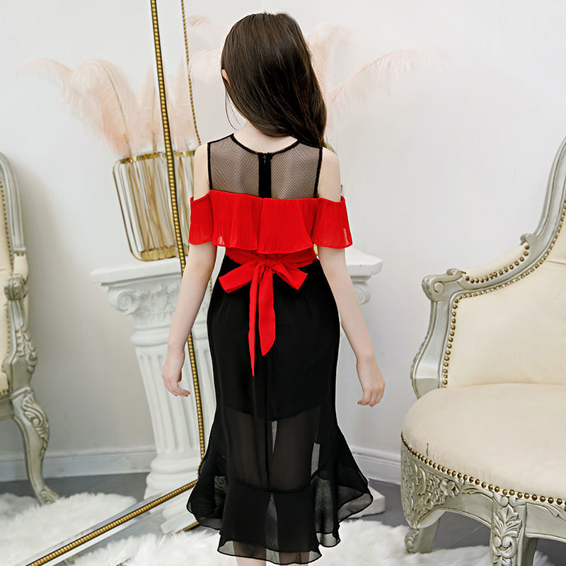 Girls' dress summer dress new children's Chiffon princess skirt one shoulder net red children's dress foreign style skirt summer dress