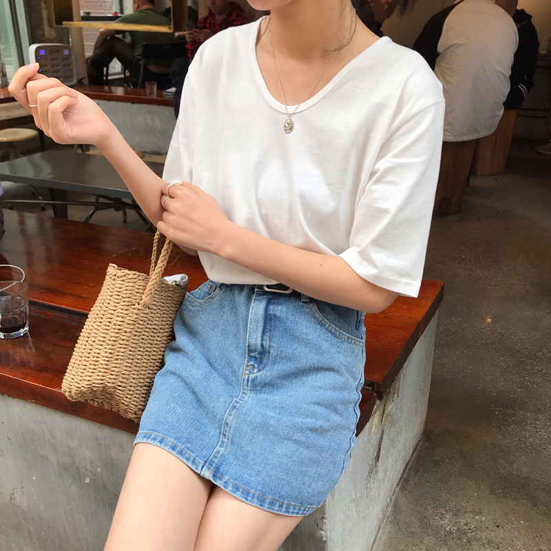 New Korean Pure-color U-collar Basic Kind of Loose Short Sleeve T-shirt