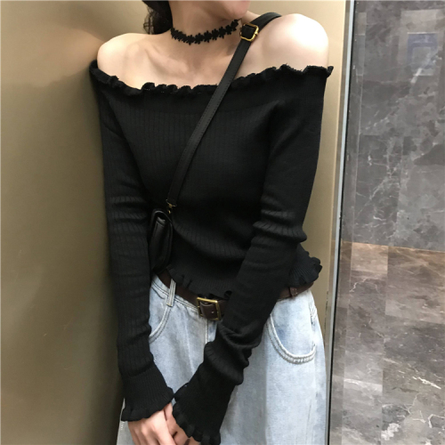 Real price real shot T-shirt long sleeve sexy off shoulder collar