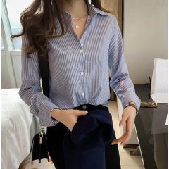 Autumn new large women's top loose vertical stripe shirt women's fat long sleeve shirt